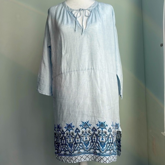 Roberta Roller Rabbit Blue 100% Linen Long Sleeve Pullover Tunic Dress XS - Picture 1 of 13
